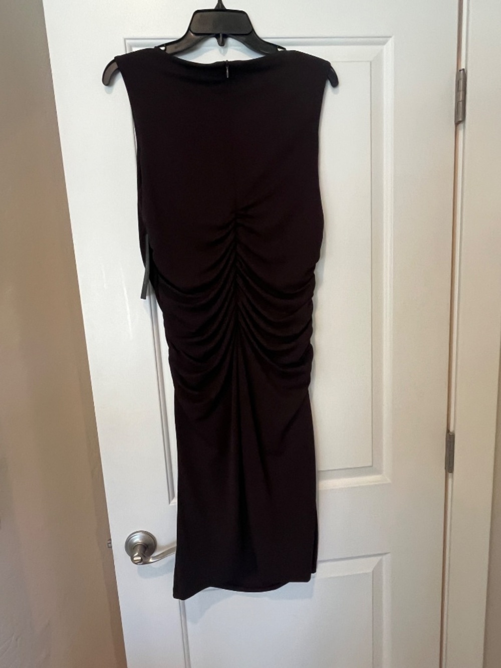 NWT Donna Karan Brown Asymmetrical Neck Ruched Bodycon Midi Dress Sz M Packable - Picture 4 of 11